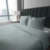 A close-up view of a bed with mint-colored satin bedding and pillows, set against a dark headboard and a window with a city view. Náhled obrázku produktu