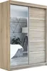 A sliding door wardrobe with a mirrored door and wooden doors, reflecting a bedroom interior. Produktbild-Vorschau