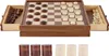 A wooden chess and checkers set with pieces stored in drawers, displayed on a white background. Additional checkers are shown in the foreground. Náhled obrázku produktu