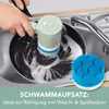 A person is using an electric cleaning brush with a sponge attachment to clean a sink full of soapy water. Produktbild-Vorschau