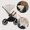 A collage showing a baby stroller from different angles and close-ups of its features, including a baby inside and a child's legs. Voir les images du produit