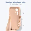 A hand holding a pink phone case with text describing its features. Produktbild-Vorschau