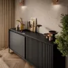 A modern living room with a black sideboard, decorative items, and curtains. Produktbild-Vorschau
