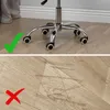 The image shows two panels. The top panel displays the base of an office chair with wheels on a wooden floor, marked with a green checkmark. The bottom panel shows the same wooden floor with scuff marks from chair wheels, marked with a red cross. Produktbild-Vorschau