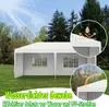 A white party tent is set up on a grassy lawn under a sunny sky with trees in the background. Insets highlight the tent's waterproof fabric and UV protection. Produktbild-Vorschau