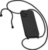 A black iPhone case with a black lanyard attached, shown against a white background. Produktbild-Vorschau