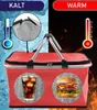 A red picnic basket is shown with a split background indicating cold and warm temperatures. Images of a drink and a hamburger are displayed on the basket. Produktbild-Vorschau
