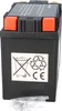 A black battery with orange terminal covers and various symbols on a white background. Voir les images du produit