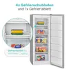 A vertical freezer with its door open, showing multiple drawers and a shelf with food items. A close-up view of the freezer's interior is also shown. Produktbild-Vorschau