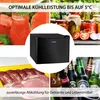 A collage of images showing a mini-fridge, food items like watermelon, pickles, meat, and bottles of beer, with text overlays describing its features. Produktbild-Vorschau