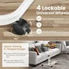 A mobile side table with a laptop on it is placed next to a sofa. The image also shows a close-up of a wheel with text describing its features. Produktbild-Vorschau