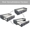 A diagram showing a sofa bed in three different configurations, with arrows indicating the transformation process. Produktbild-Vorschau