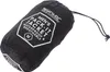 A black packable jacket rolled up and tied with a drawstring. Produktbild-Vorschau