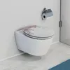 A wall-mounted toilet with a decorative lid in a bathroom. Náhled obrázku produktu