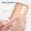 A hand touching a pink phone case, with text and fluffy material in the background. Produktbild-Vorschau