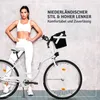 A woman in athletic wear poses next to a white bicycle with a basket. Produktbild-Vorschau
