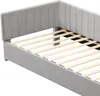 Close-up of a grey upholstered bed frame and its wooden slats. Produktbild-Vorschau