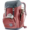 A red Deuter backpack with a gray top flap, shown from a front-diagonal angle against a white background. A metal lunchbox is in the front pocket, and a metal water bottle is in the side pocket. Voir les images du produit