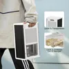 A person is holding a portable air purifier. Inset images show close-ups of the product's features. Produktbild-Vorschau