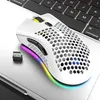 A white wireless gaming mouse with RGB lighting is placed on a laptop keyboard. Produktbild-Vorschau