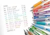 A collection of colorful gel pens arranged on lined paper, with a list of pen colors and specifications next to them. Anteprima dell’immagine prodotto