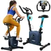 A woman is using a blue exercise bike, with close-ups of the bike's features and a tablet screen showing a cycling simulation. Produktbild-Vorschau
