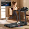A woman is running on a treadmill in a home setting. Voir les images du produit