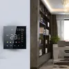 A smart thermostat is mounted on a wall next to a bookshelf in a modern room. Produktbild-Vorschau