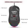 The bottom view of a black gaming mouse with RGB lighting, showing labels and features. Produktbild-Vorschau