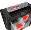 A close-up view of a black plastic organizer box with multiple clear drawers and red handles, with the lid open. Produktbild-Vorschau