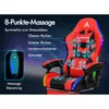 A red gaming chair with diagrams showing its 8-point massage feature and a remote control. Produktbild-Vorschau
