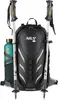 A black backpack with hiking poles and a water bottle attached, presented against a white background. Náhled obrázku produktu