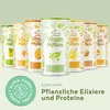 A row of vegan protein powder cans with various flavors and illustrations, set against a light green background with text below. Anteprima dell’immagine prodotto