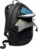 A close-up view of an open black backpack, revealing its interior compartments and a map inside. Voir les images du produit