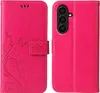 A pink flip phone case with a floral and butterfly embossed design is shown open and closed. Produktbild-Vorschau