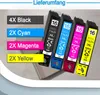 Four ink cartridges are displayed in a row, with text labels on the left indicating quantities and colors. Produktbild-Vorschau