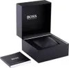 An open black Hugo Boss watch box with a manual next to it. Voir les images du produit