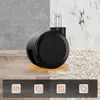 A black office chair caster wheel is shown on a collage of different floor surfaces, with icons representing features at the bottom. Podgląd zdjęcia produktu