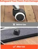A split image showing an office chair wheel before and after using a floor mat. Produktbild-Vorschau