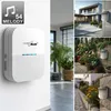 Collage of a wireless doorbell system, showing the indoor unit, outdoor unit in various garden and exterior settings, and a modern house. Anteprima dell’immagine prodotto