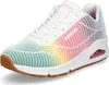 A white Skechers Uno sneaker with a rainbow-colored mesh overlay and a gum sole. Voir les images du produit