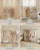 A collage of four images showing a SONGMICS garment rack in different settings: a shop, a laundry room, a wardrobe, and a bedroom. Produktbild-Vorschau