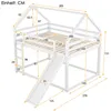 A diagram of a white bunk bed with a slide, showing various dimensions. Produktbild-Vorschau