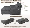 An image showing a gray sofa in different configurations and demonstrating how to adjust its backrest and convert it into a bed. Produktbild-Vorschau