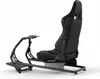 A black racing simulator cockpit with a seat, shown from a side angle against a white background. Produktbild-Vorschau