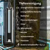 A cross-section of a water filter system is shown alongside a list of contaminants it removes. The background is a mix of concrete and greenery. Produktbild-Vorschau
