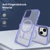 A close-up shot of a clear phone case with a purple bumper, showing its magnetic ring and camera cutout. Text overlays describe its features. Produktbild-Vorschau