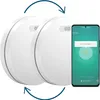 Two white smart smoke detectors are shown next to a smartphone displaying a smoke detector app. Produktbild-Vorschau