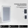 A product image showcasing a lighted mirror with accompanying text and size diagrams. Podgląd zdjęcia produktu