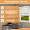 A desk with a laptop and a chair in front of a window with a zebra blind, with feature callouts on the left. Voir les images du produit